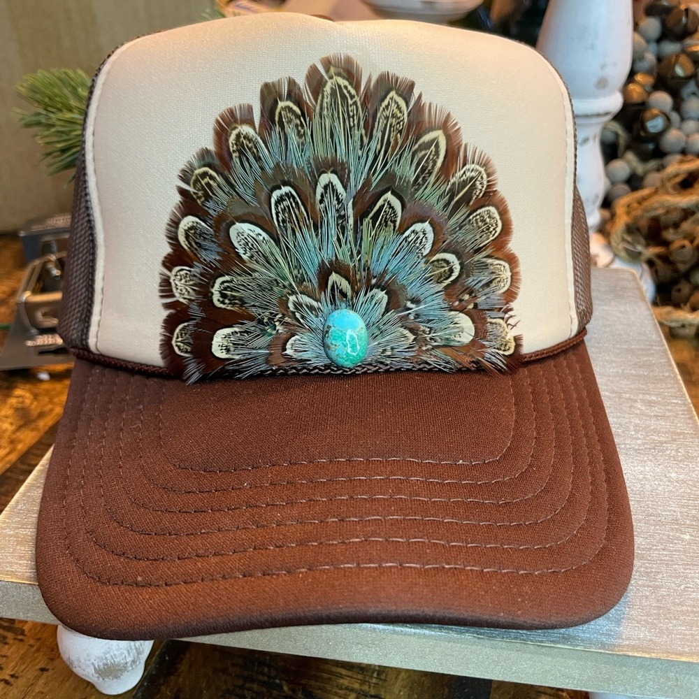 Western feather trucker hat with mohave turquoise stone, handmade, new